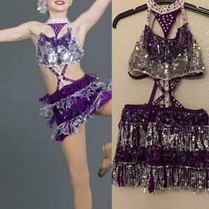 Glamour dance costume purple sequin gems rhinestone fringe embellished child M/L